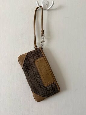 Coach Brown Signature Canvas with Tan Leather Trim Wristlet